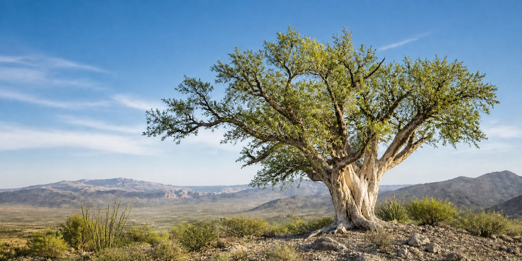 A mature desert ironwood tree beneath a clear blue desert sky