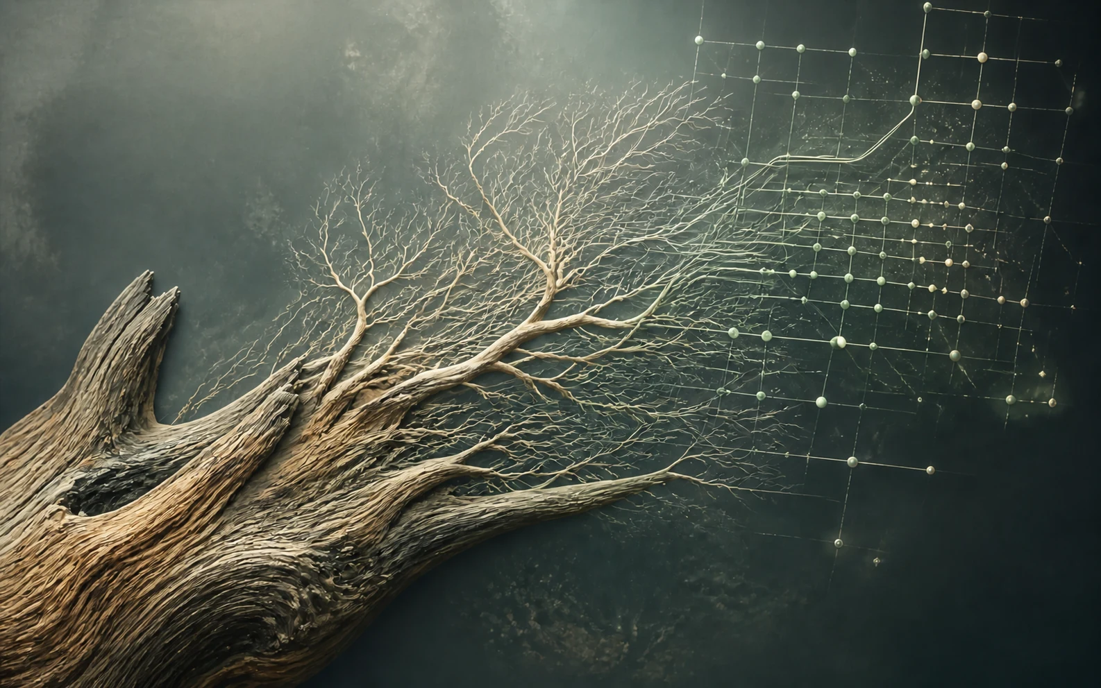 Organic ironwood forms transitioning into subtle computational pathways