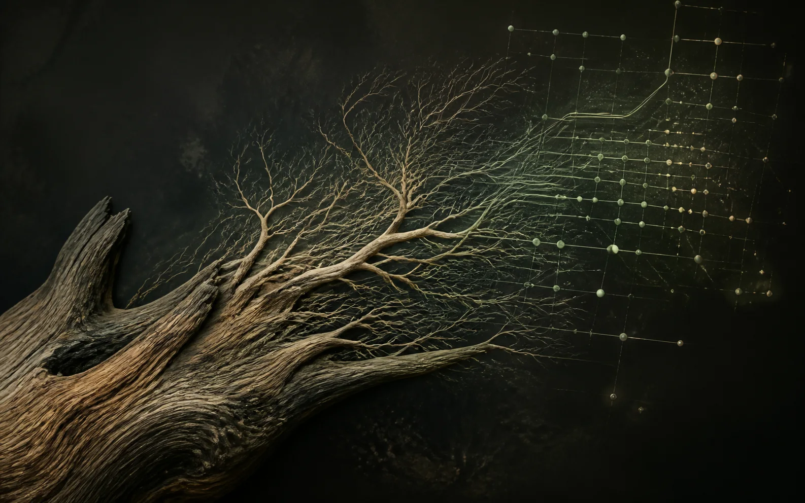 Organic ironwood forms transitioning into subtle computational pathways