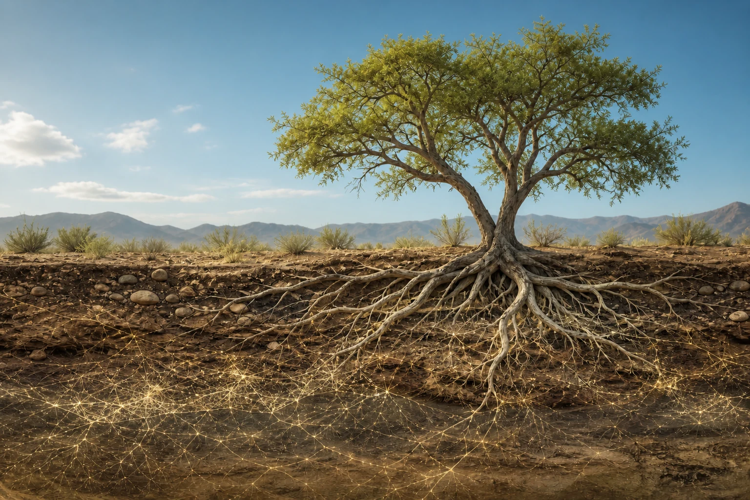 An ironwood tree with roots and a subtle interconnected network beneath the desert floor