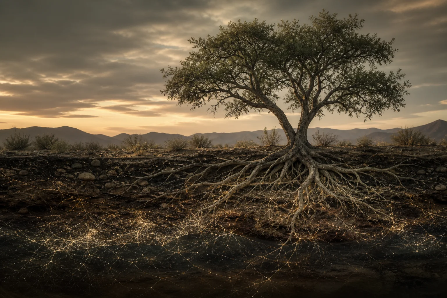 An ironwood tree with roots and a subtle interconnected network beneath the desert floor